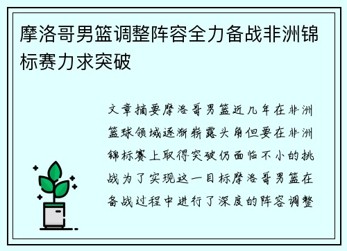 摩洛哥男篮调整阵容全力备战非洲锦标赛力求突破
