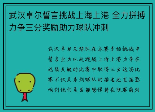 武汉卓尔誓言挑战上海上港 全力拼搏力争三分奖励助力球队冲刺